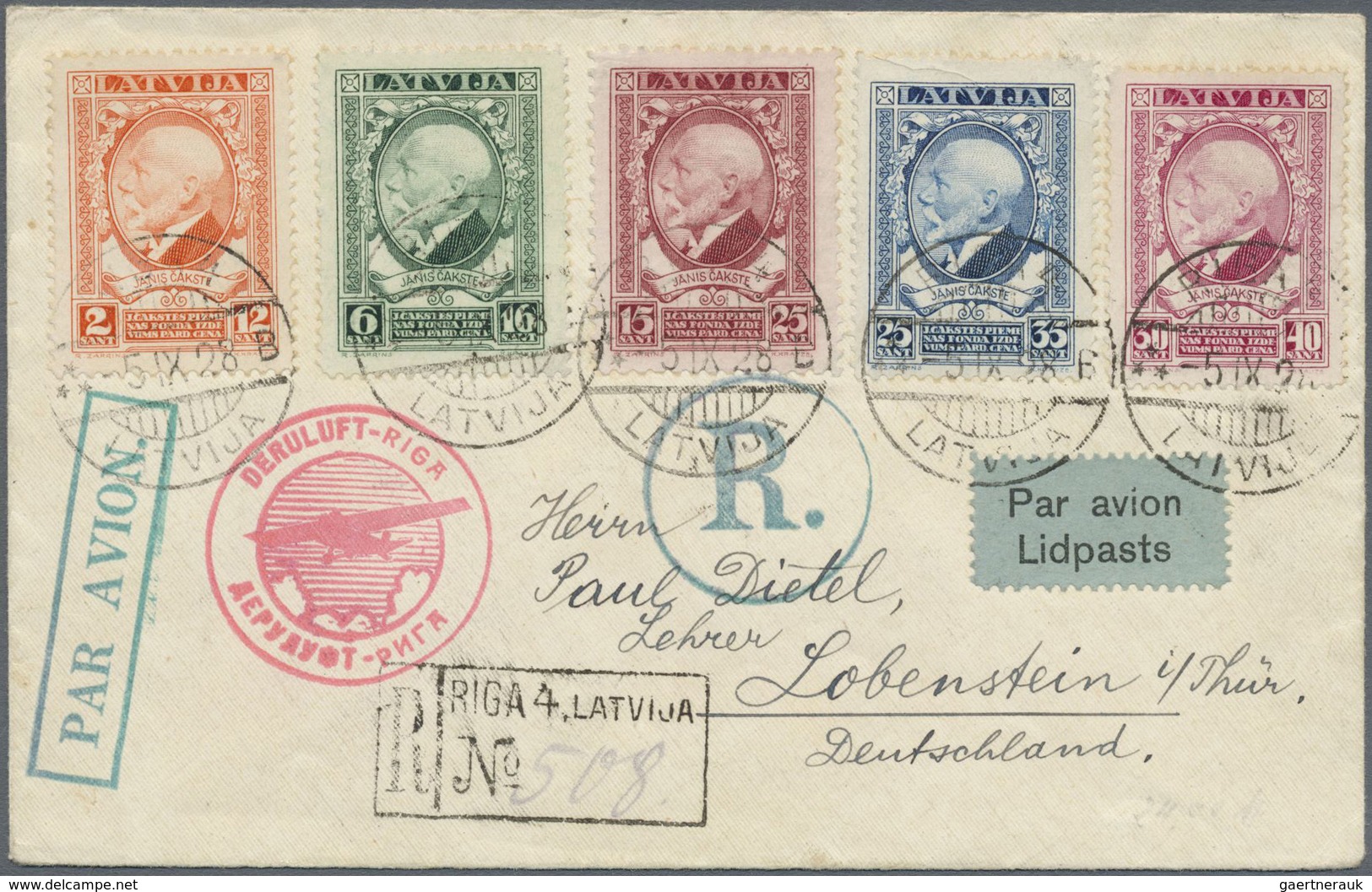 Br Lettland: 1928, Attractive Franking On Front/on Reverse (25s. + 35s. Natural Paper Fold) Of Register - Lettonie