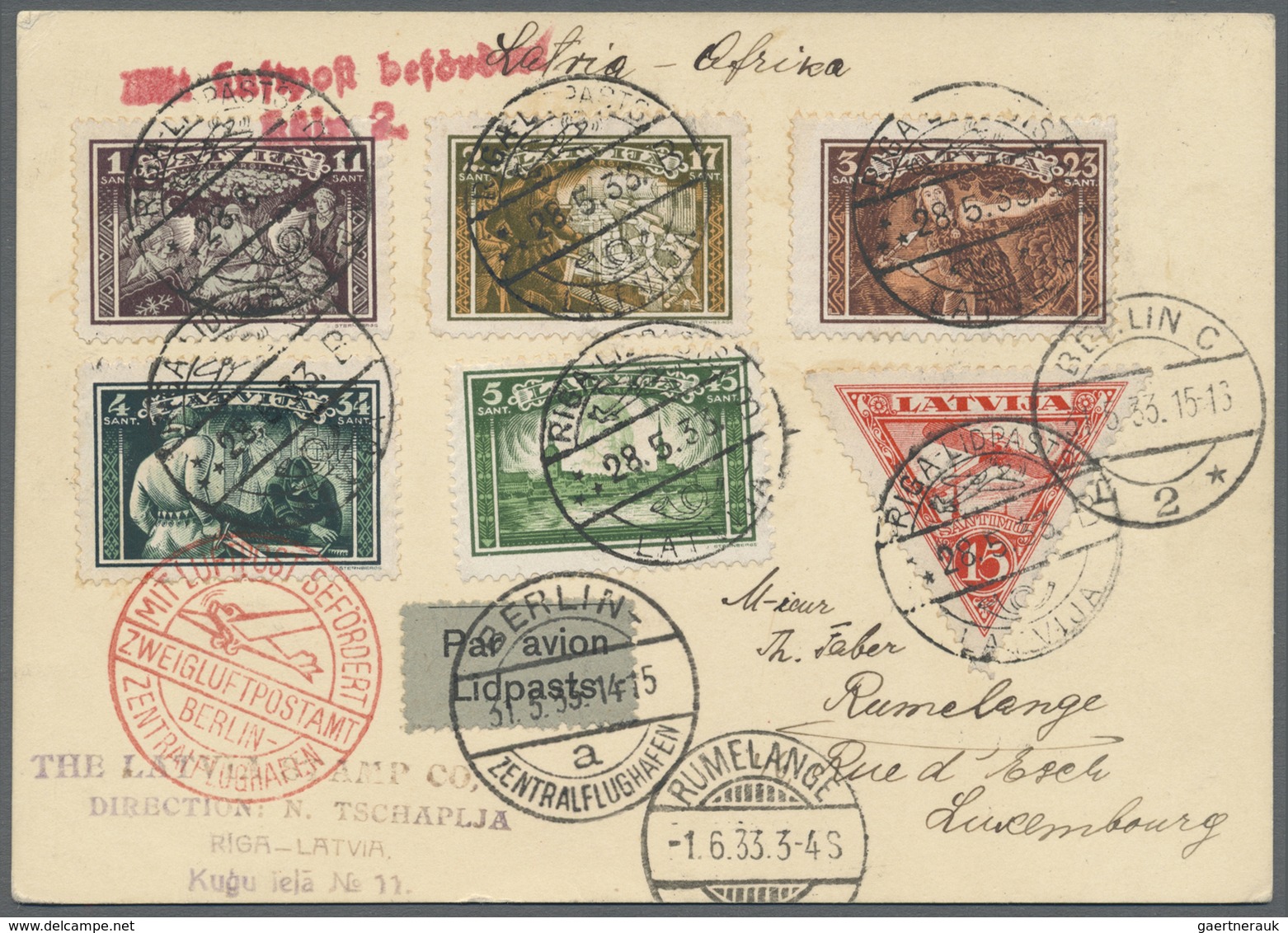 Lettland: 1933, First Flight Latvia-Africa Airmail-card (crashed In Germany) Bearing Complete Set Ai - Letland