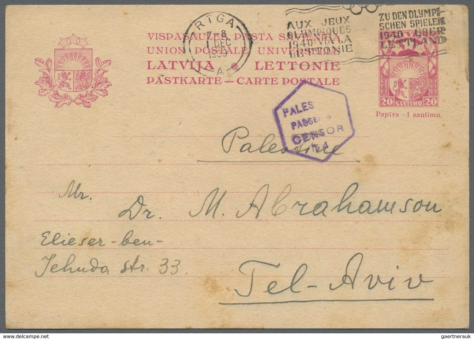 GA Lettland - Ganzsachen: 1939, Stationery Card 20 S (few Stains) Canc. "RIGA 1 DEC 1939 AUX JEUX OLYPI - Latvia
