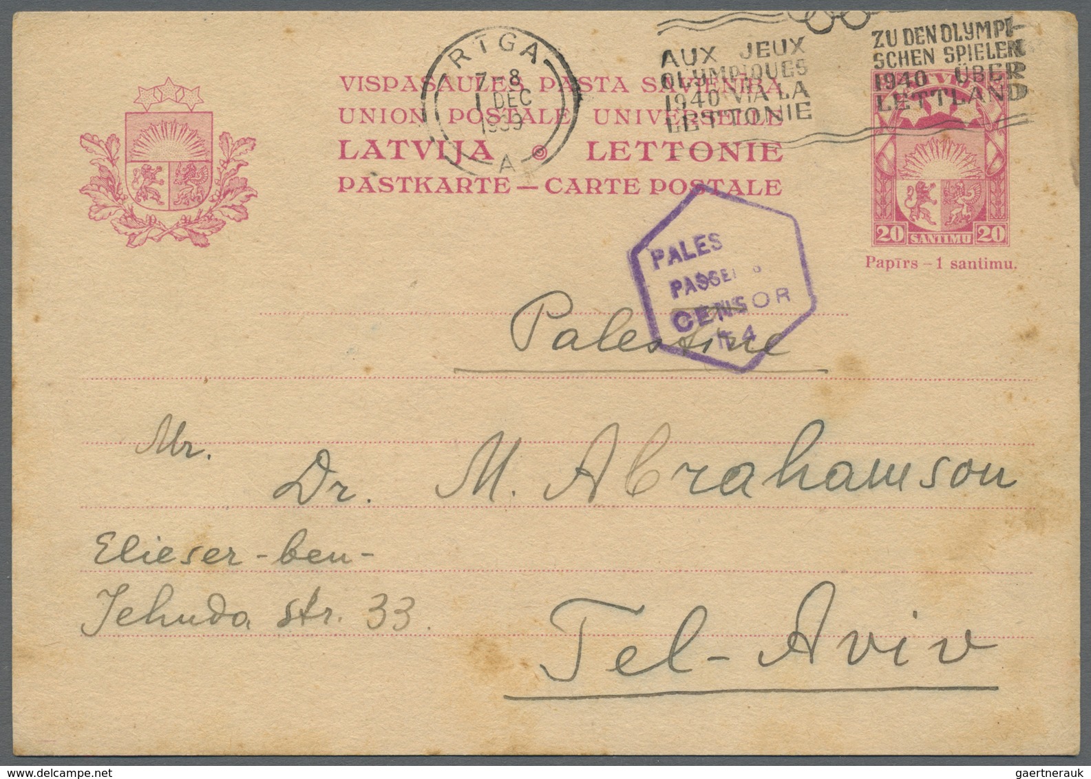 GA Lettland - Ganzsachen: 1939, Stationery Card 20 S (few Stains) Canc. "RIGA 1 DEC 1939 AUX JEUX OLYPI - Letland