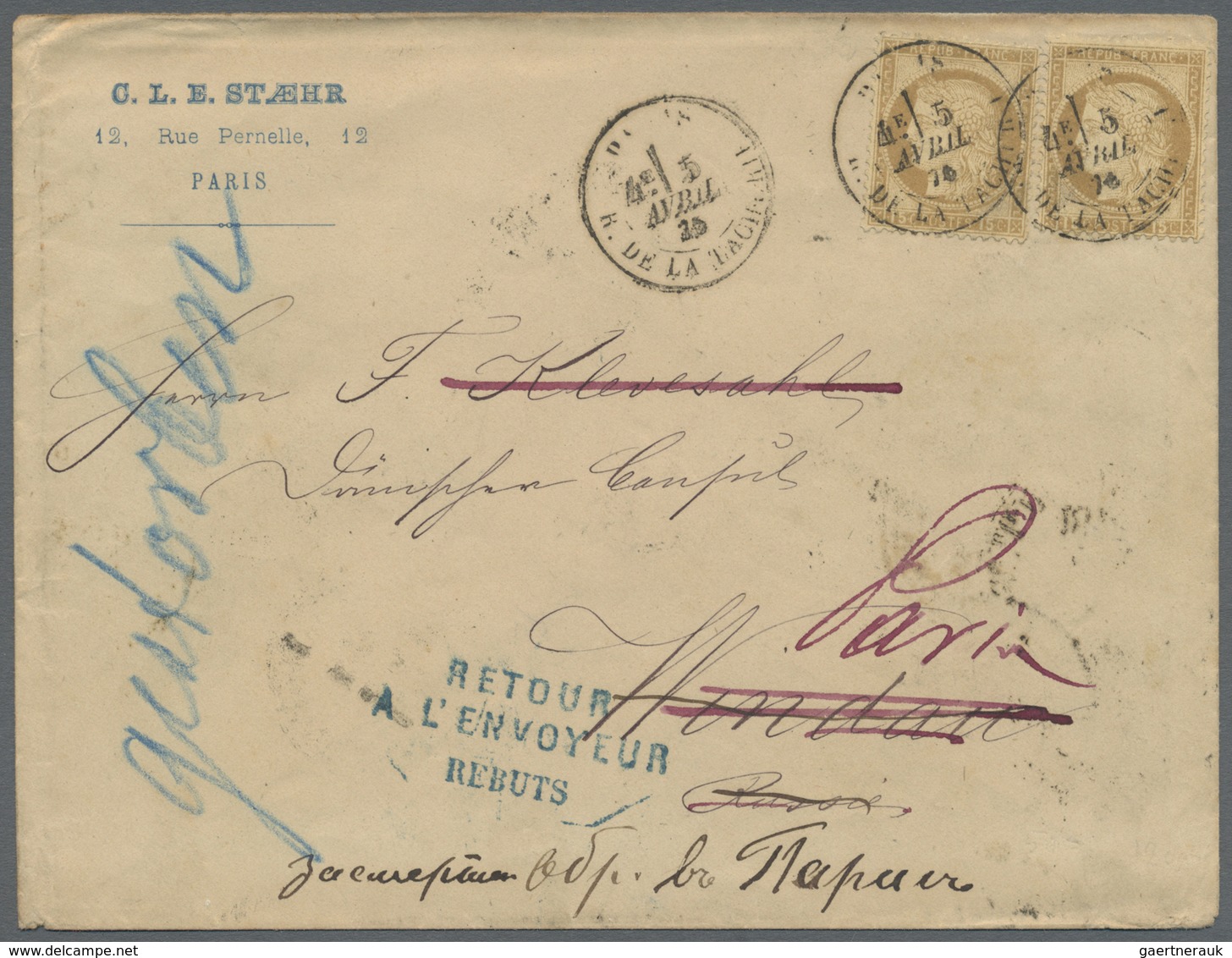 Br Lettland - Besonderheiten: 1876, Ventspils, Incoming Mail From France, Cover Bearing Two Copies 15c. - Lettonie