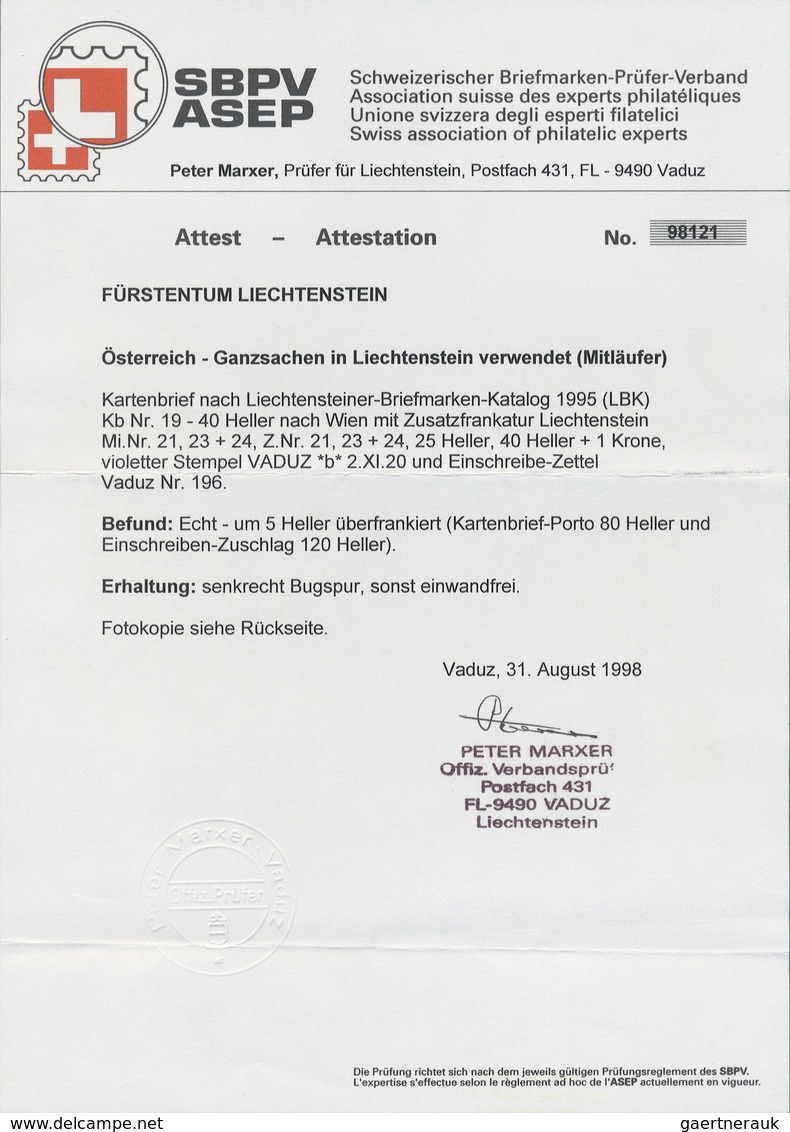 GA Liechtenstein: 1920 Mitläufer Österreich 25 H.,40 H. + 1 K. Als ZuF Auf 40 H. Ganzsachenkartenbrief - Brieven En Documenten