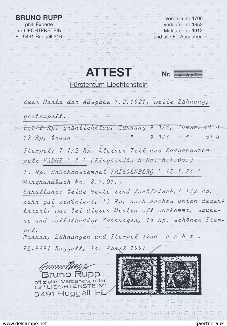 O Liechtenstein: 1921, Landeswappen Mit Putten 13 Rp. Braun In Der Sehr Seltenen Zähnung 9¾ Mit Sauber - Brieven En Documenten