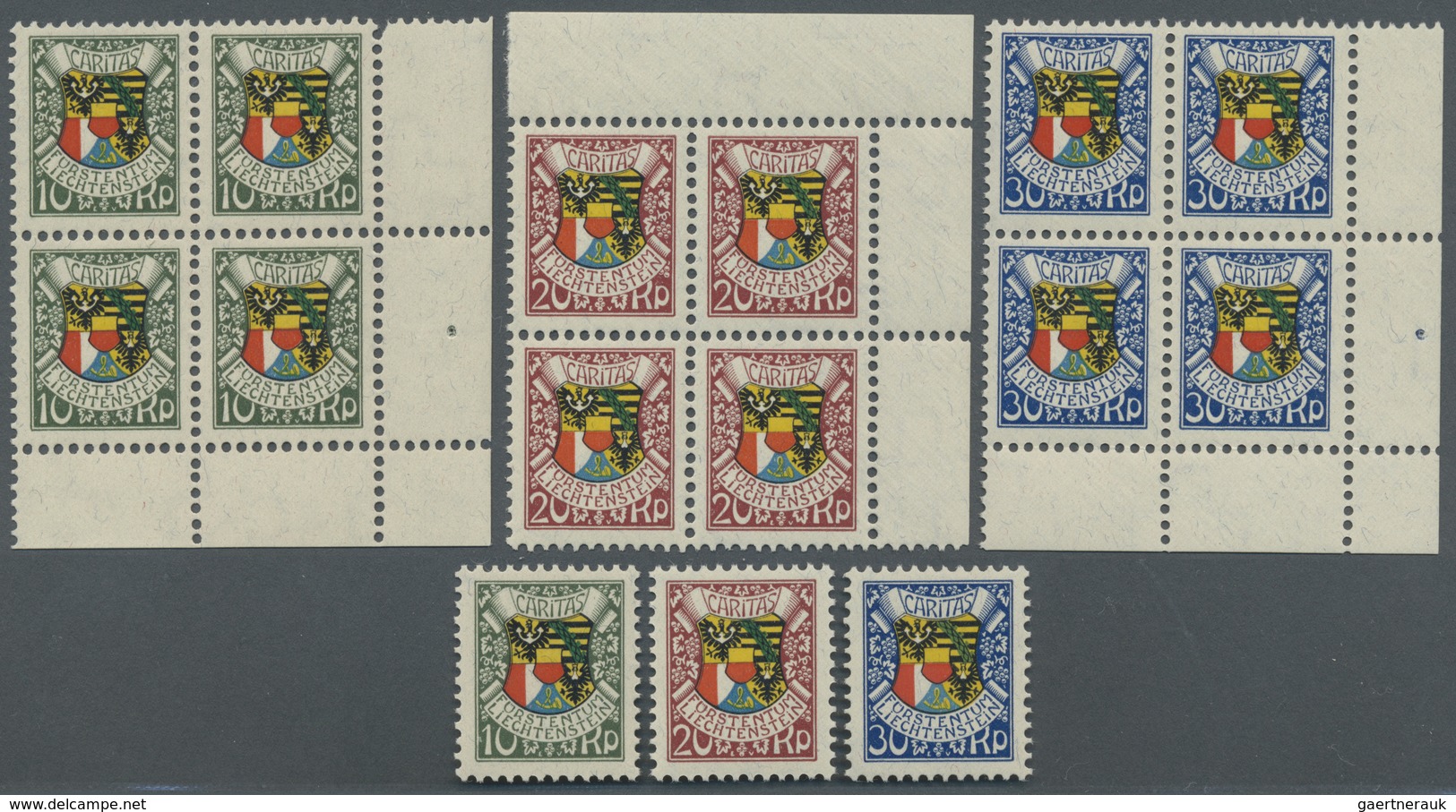 ** Liechtenstein: 1927, Caritas, 5 Serien, Einmal Im Viererblock Aus Den Bogenecken, Einmal Einzeln, Je - Lettres & Documents