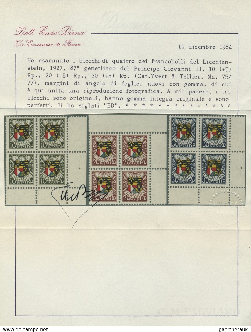 ** Liechtenstein: 1927, Caritas, 5 Serien, Einmal Im Viererblock Aus Den Bogenecken, Einmal Einzeln, Je - Lettres & Documents