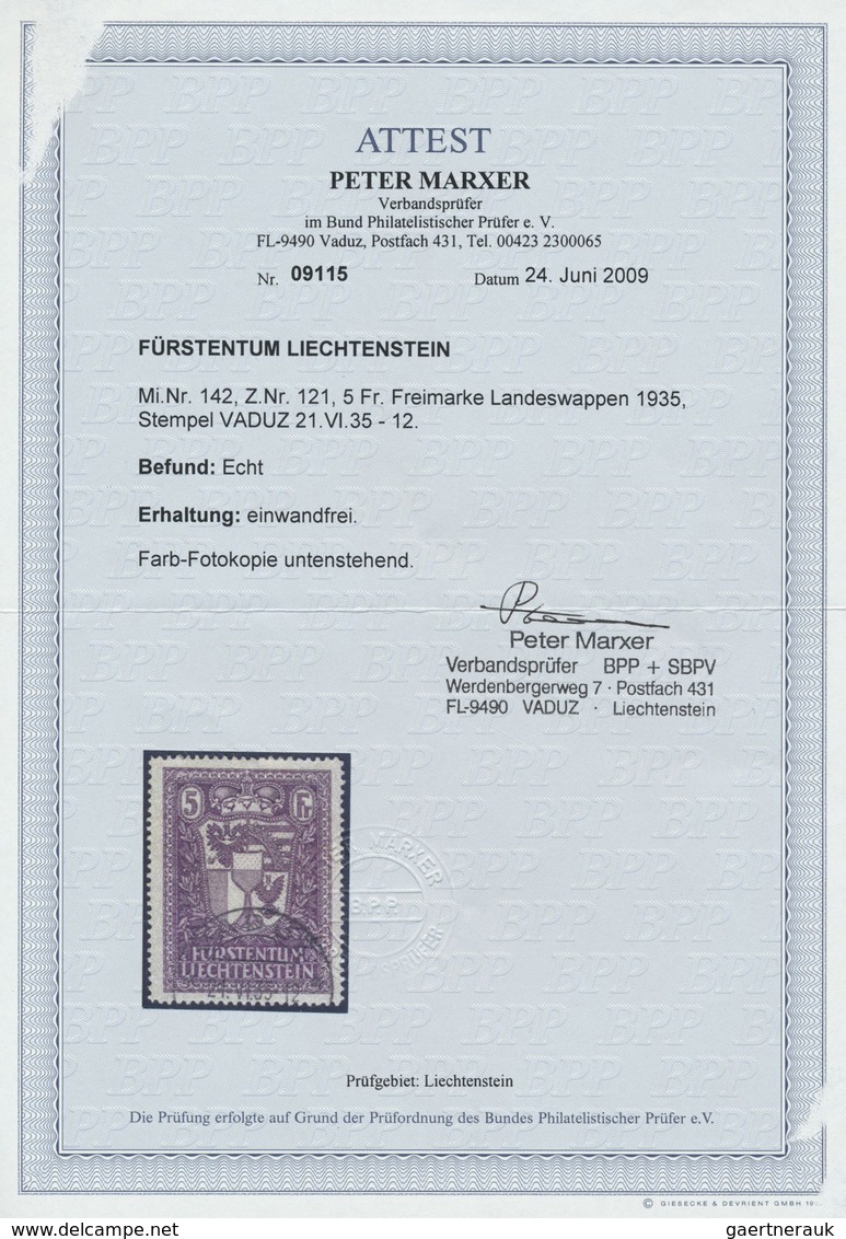O Liechtenstein: 1935, Freimarke 5 Fr Schwarzrotviolett, Zentriertes Luxus-Stück, Glasklar Gestempelt - Lettres & Documents