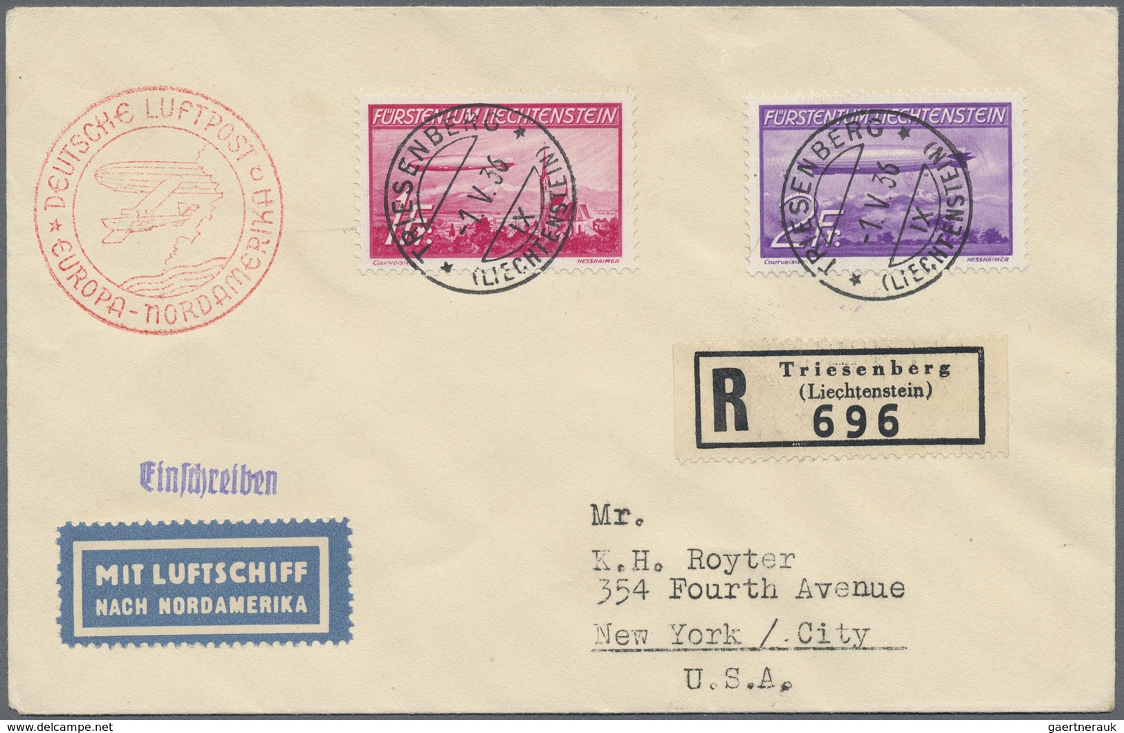 Br Liechtenstein: 1936, 1 Fr. Und 2 Fr. Auf Brief Mit Der Nordamerikafahrt Der Hindenburg Von "TRIESENB - Storia Postale