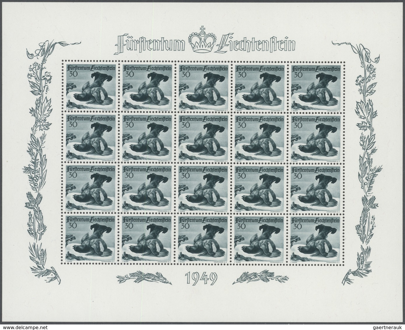 ** Liechtenstein: 1950, III. Jagd-Ausgabe Mit Rehbock, Birkhuhn Und Dachs Im Tadellosen 20er Kleinbogen - Brieven En Documenten