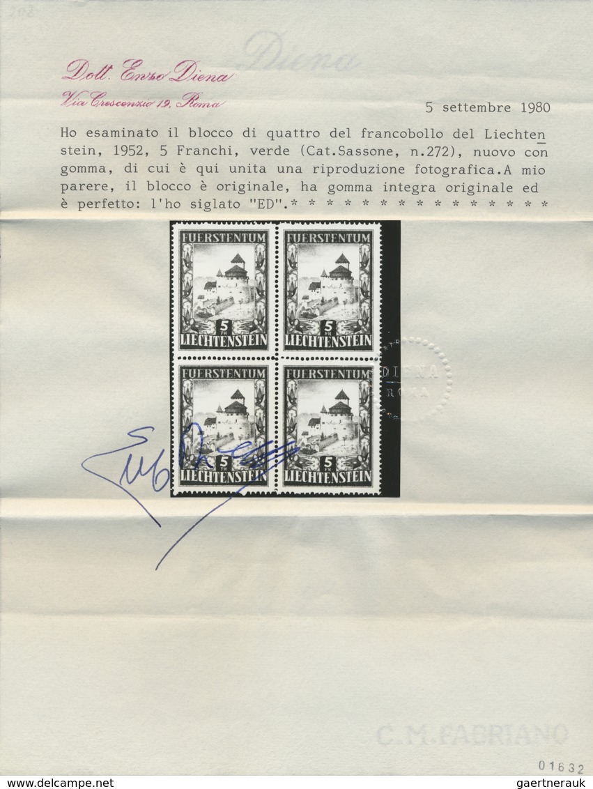 ** Liechtenstein: 1952, 5 Fr. Schloß Vaduz Per 6 Mal, Einmal Im Viererblock, 2 Werte Signiert Sowie 2 A - Lettres & Documents