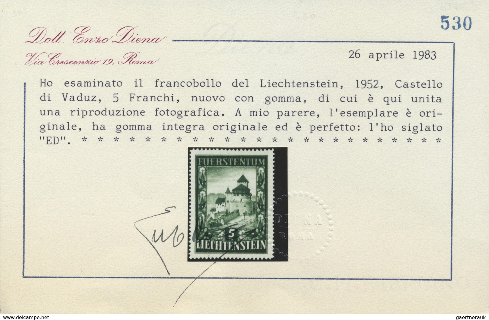 ** Liechtenstein: 1952, 5 Fr. Schloß Vaduz Per 6 Mal, Einmal Im Viererblock, 2 Werte Signiert Sowie 2 A - Lettres & Documents