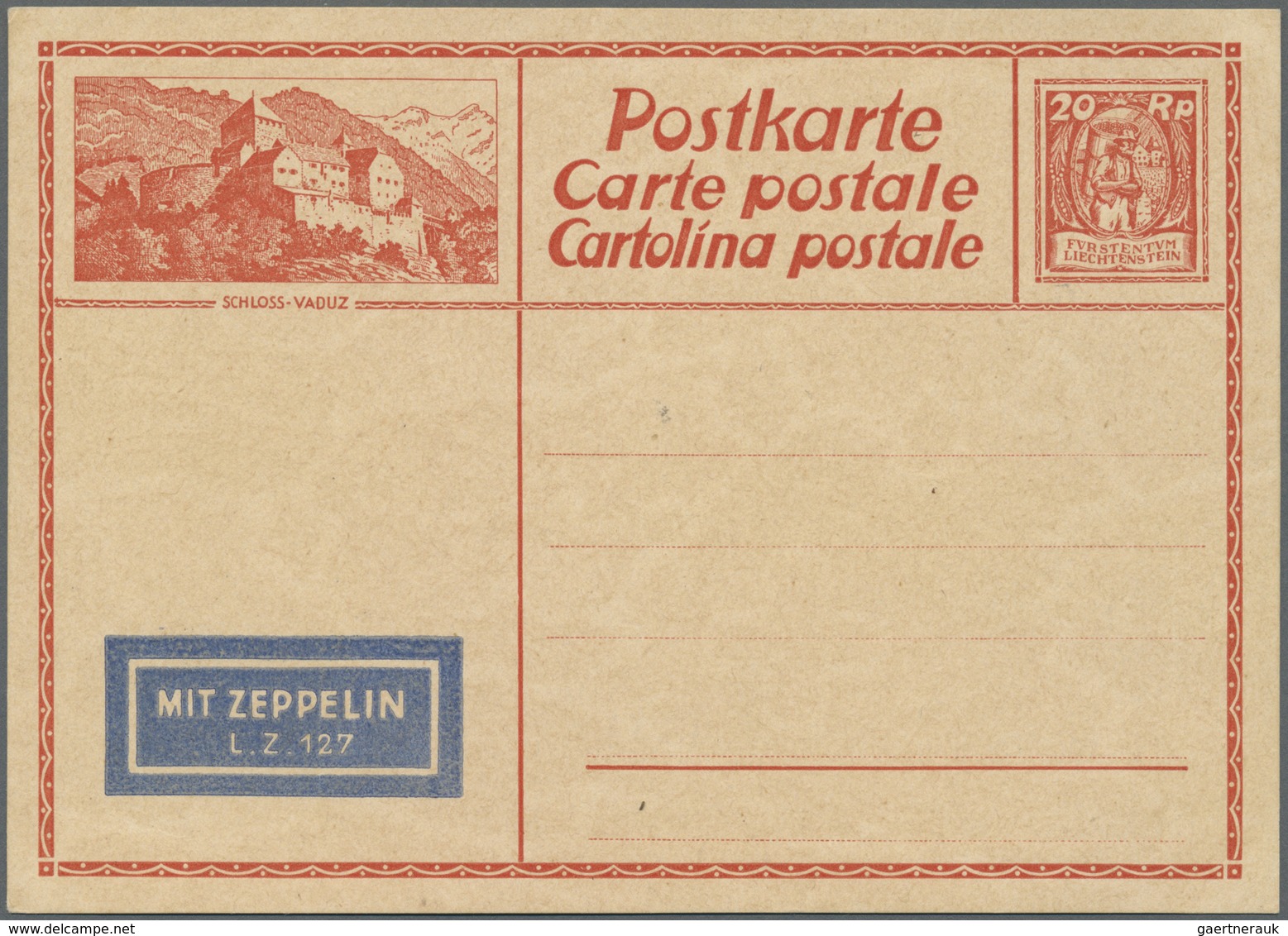 GA Liechtenstein - Ganzsachen: 1929, 20 Rp. Winzer Bild GSK Mit Dem Seltenen Eingedruckten Zeppelin-Eti - Interi Postali