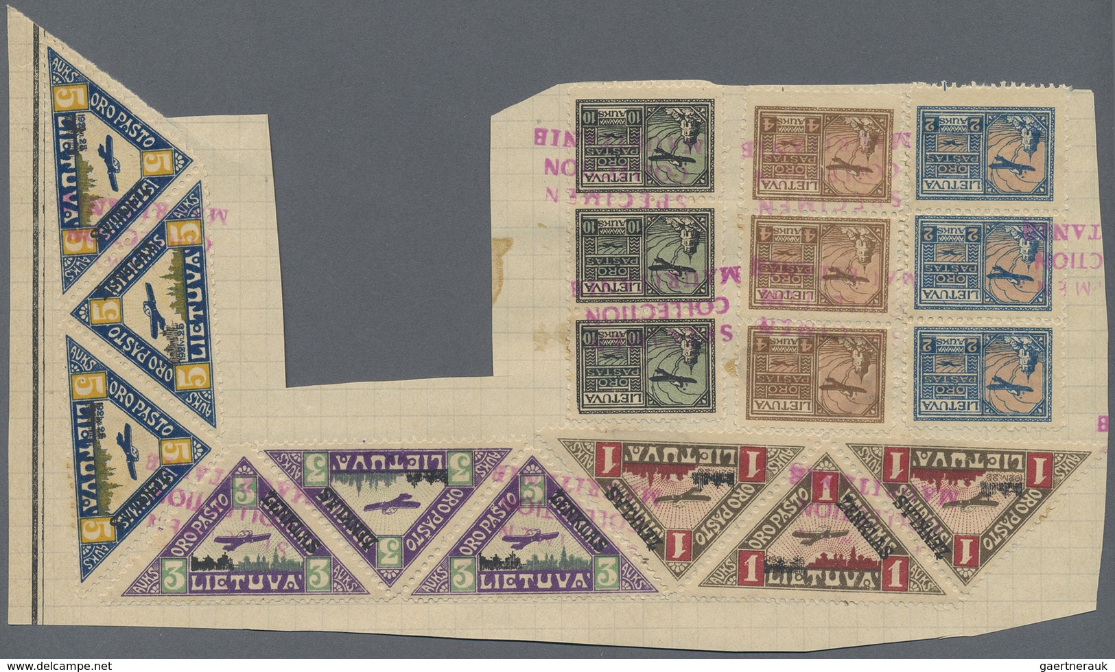 Litauen: 1922. Two Complete Airmail Sets (3 Values Each) In Strips Of 3 Mounted On One UPU Album Par - Lituanie