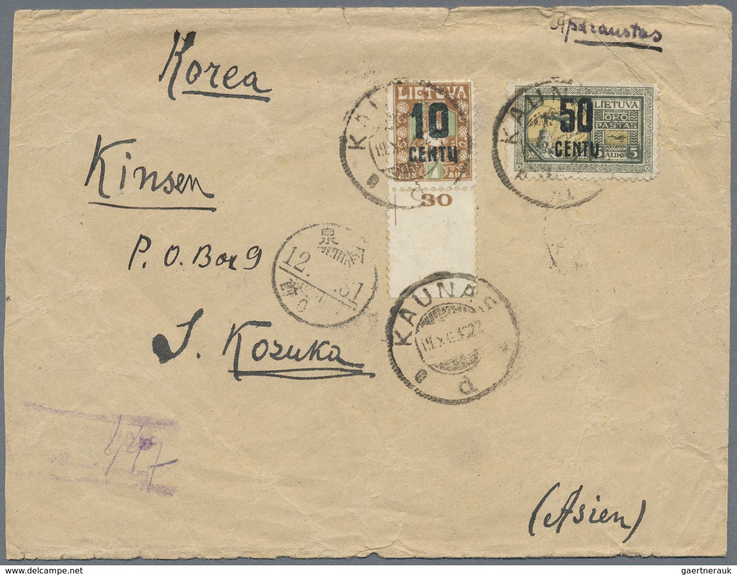 Br Litauen: 1922, 10 C On 1 A Brown/green And 50 C On 5 A Olive/yellow, Mixed Franking On Registered Co - Litouwen
