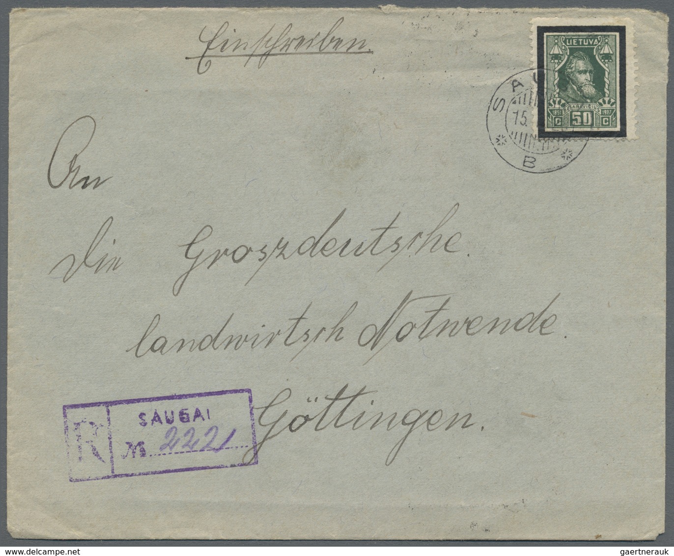 Br Litauen: 1928, Registered Letter With 50 C. Basanavicius In Single Franking From SAUGAI Via Train BE - Litauen