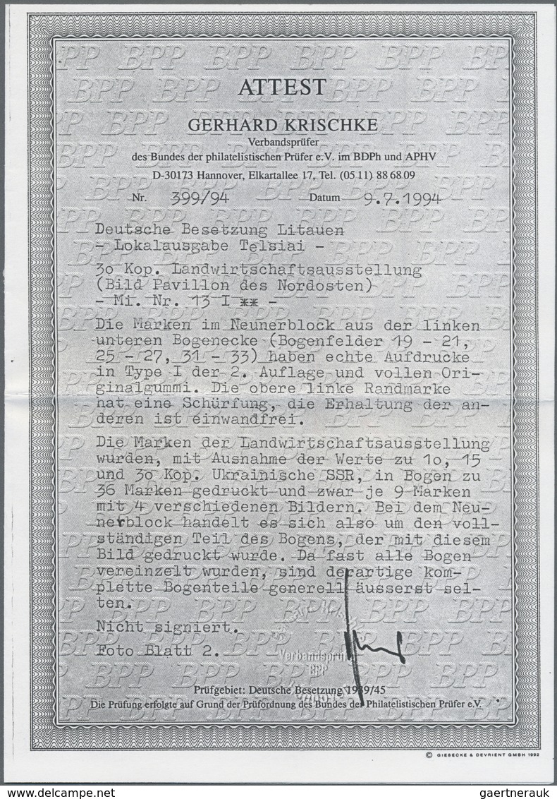 ** Litauen - Lokalausgaben: Telsiai (Telschen): 1941, 30 K. Pavillon Des Nordosten, Unterrandstück Mit - Lituanie