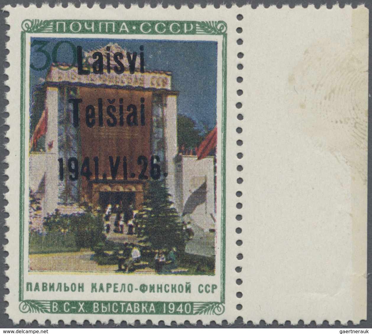 ** Litauen - Lokalausgaben: Telsiai (Telschen): 1941, 30 K. Karelo, Randstück Mit Aufdrucktype III Und - Litouwen