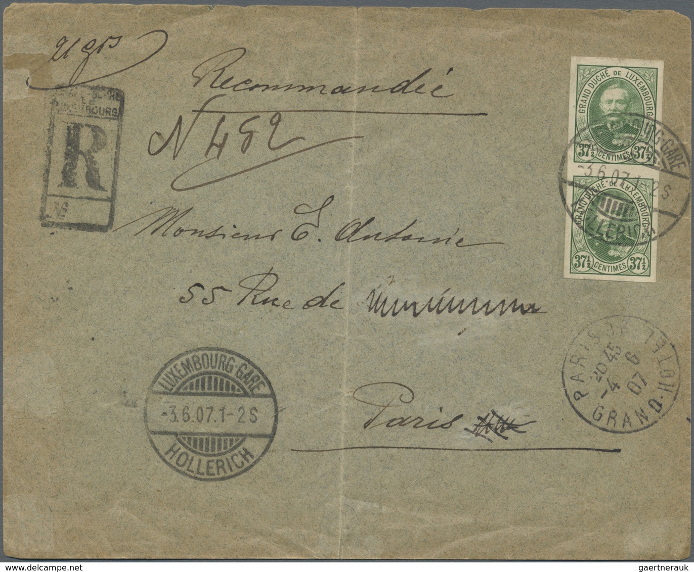 Br Luxemburg: 1907. Registered Envelope (vertical Fold) Addressed To France Bearing Yvert 64, 37½c Gree - Andere & Zonder Classificatie