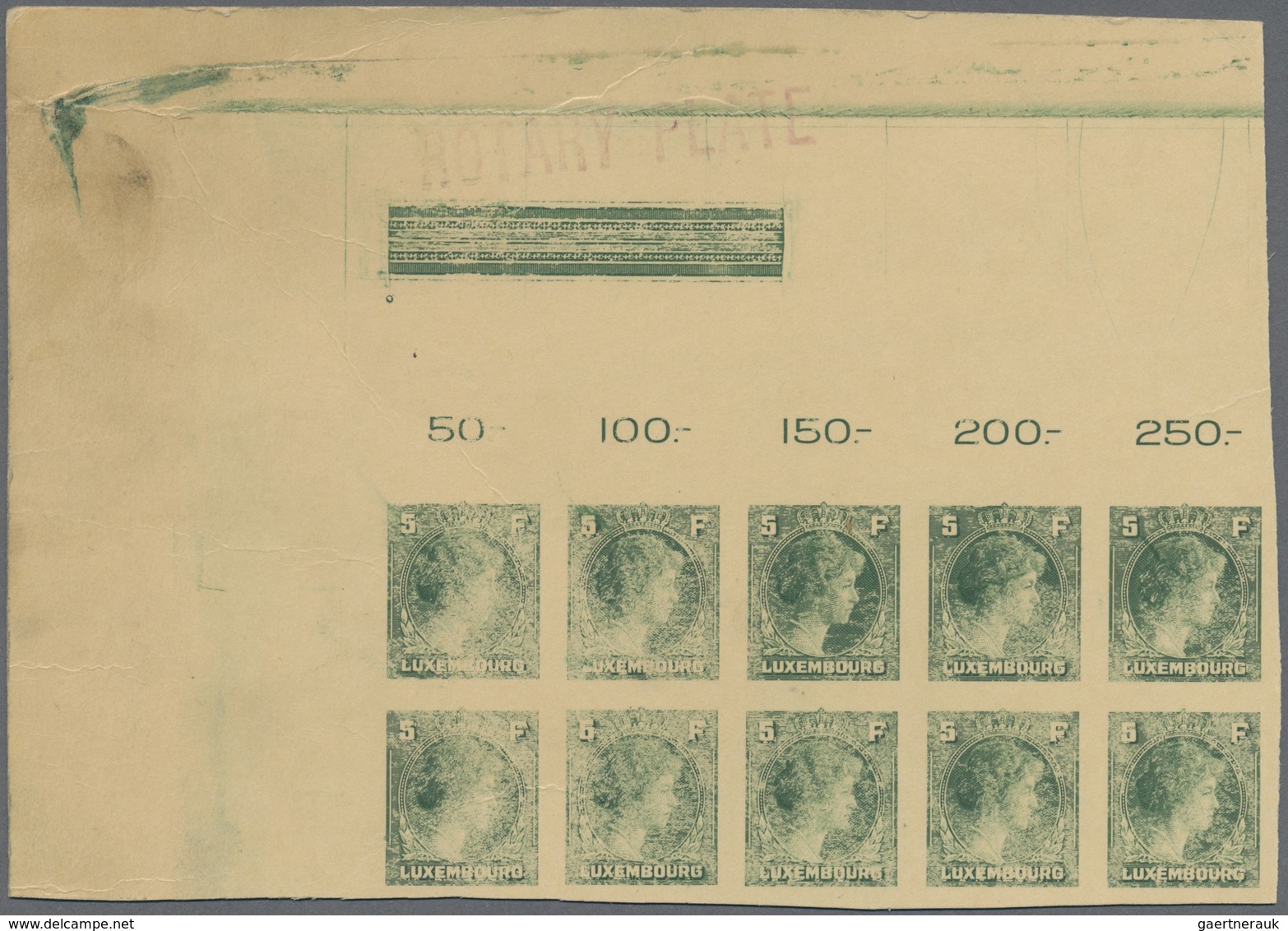 (*) Luxemburg: 1944, 5 Fr. Dunkelgrün Als 10-er Plattenprobedruck Block Auf Karton. Selten In Dieser For - Andere & Zonder Classificatie