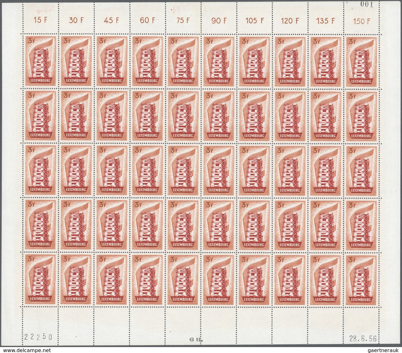 ** Luxemburg: 1956, Europa. 2 - 4 Fr. Je Im Kompletten Bogen Zu 50 Werten, Rechts Unten Druckdatum, Ein - Other & Unclassified