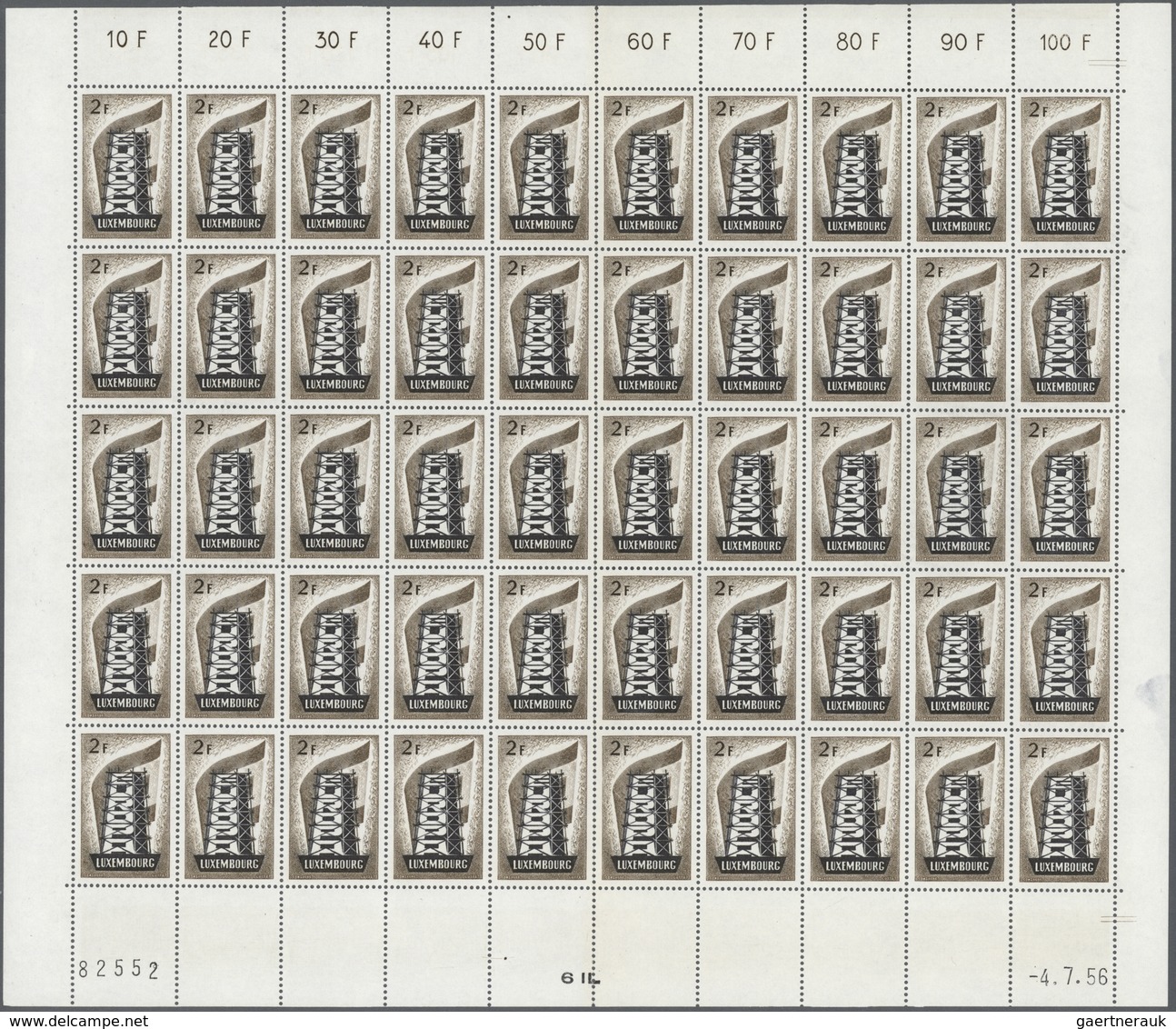 ** Luxemburg: 1956, Europa. 2 - 4 Fr. Je Im Kompletten Bogen Zu 50 Werten, Rechts Unten Druckdatum, Ein - Other & Unclassified