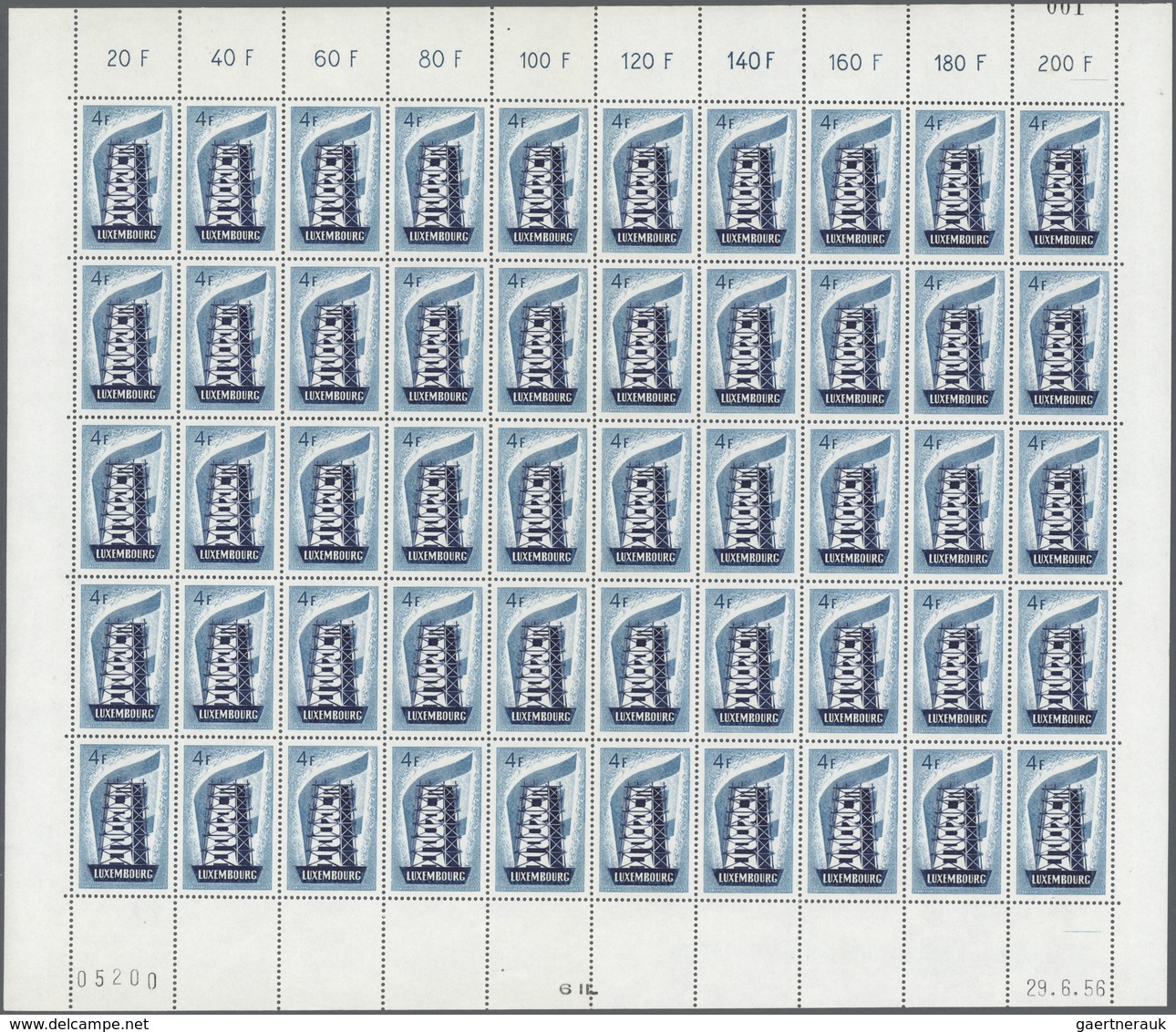 ** Luxemburg: 1956, Europa. 2 - 4 Fr. Je Im Kompletten Bogen Zu 50 Werten, Rechts Unten Druckdatum, Ein - Other & Unclassified