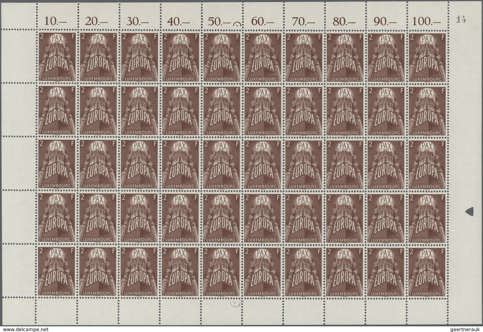 ** Luxemburg: 1957, Europa, 2 - 4 Fr. Je Im Kompletten Bogen Zu 50 Werten, Einmal Mittig Gefaltet, Tade - Autres & Non Classés