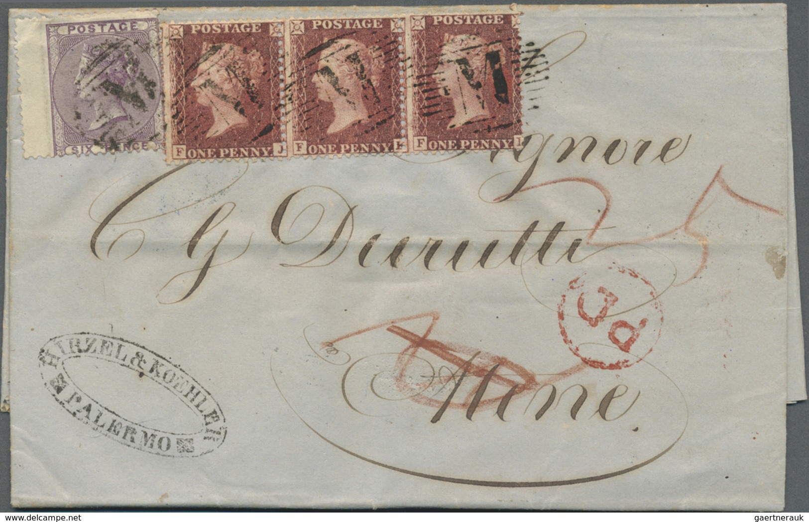 Br Malta: 1856, QV 6 D. Purple-violet And 1 D.red In Block Of Three (FJ-FL) Tied By Barr-canc. "M" And - Malta