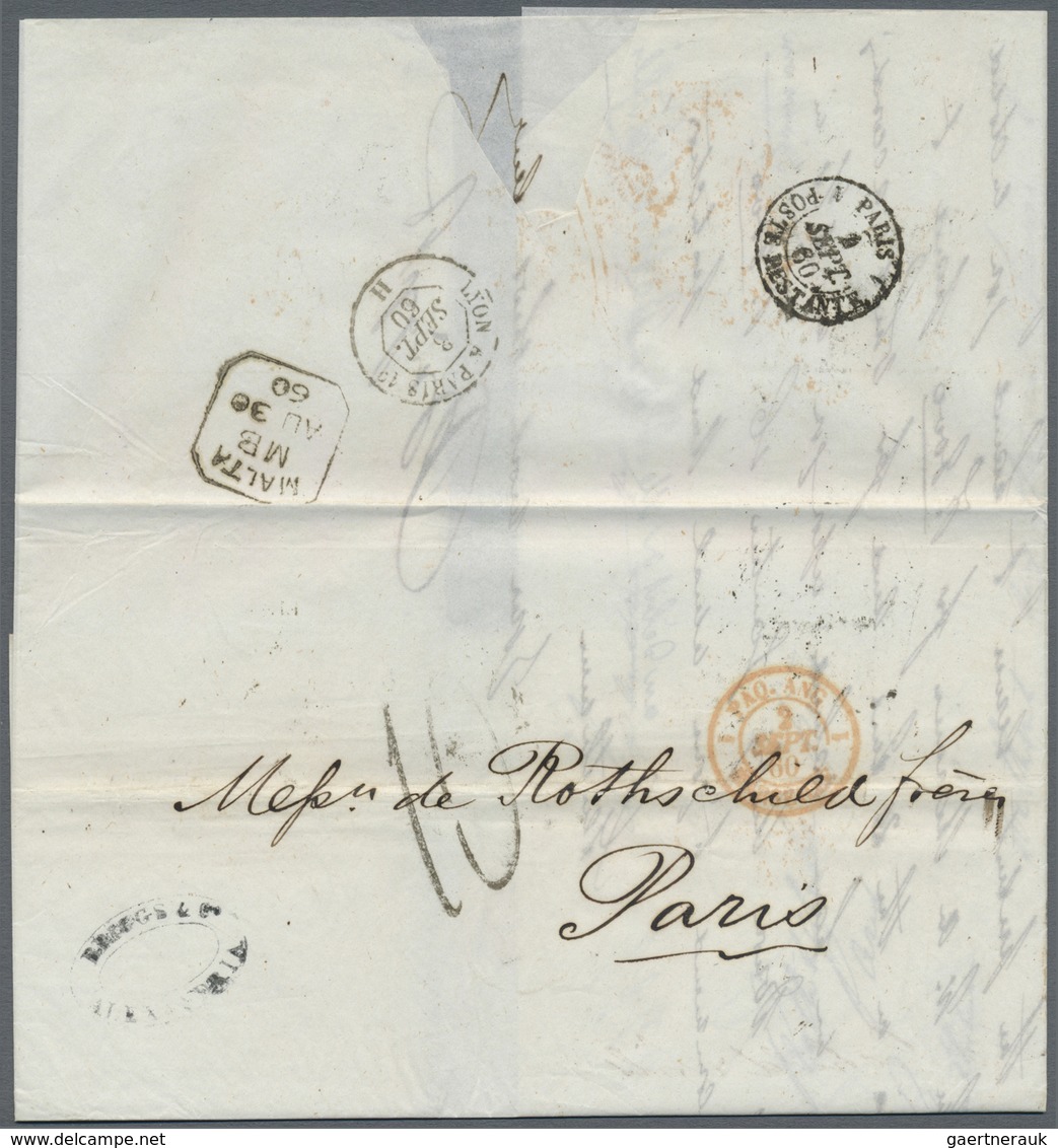 Br Malta: 1860, Folded Letter Boxed "MALTA MB" (Mobil Box) Sent To Paris With Transit And Arrival Marks - Malta