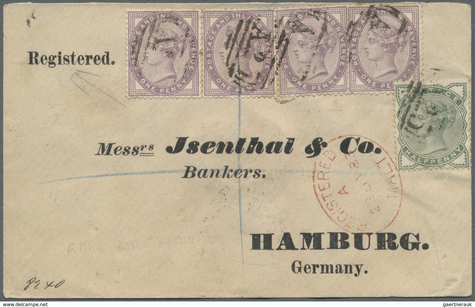 Br Malta: 1883. Registered Envelope To Germany Bearing Great Britain SG 164, ½d Green And SG 173, 1d Li - Malte