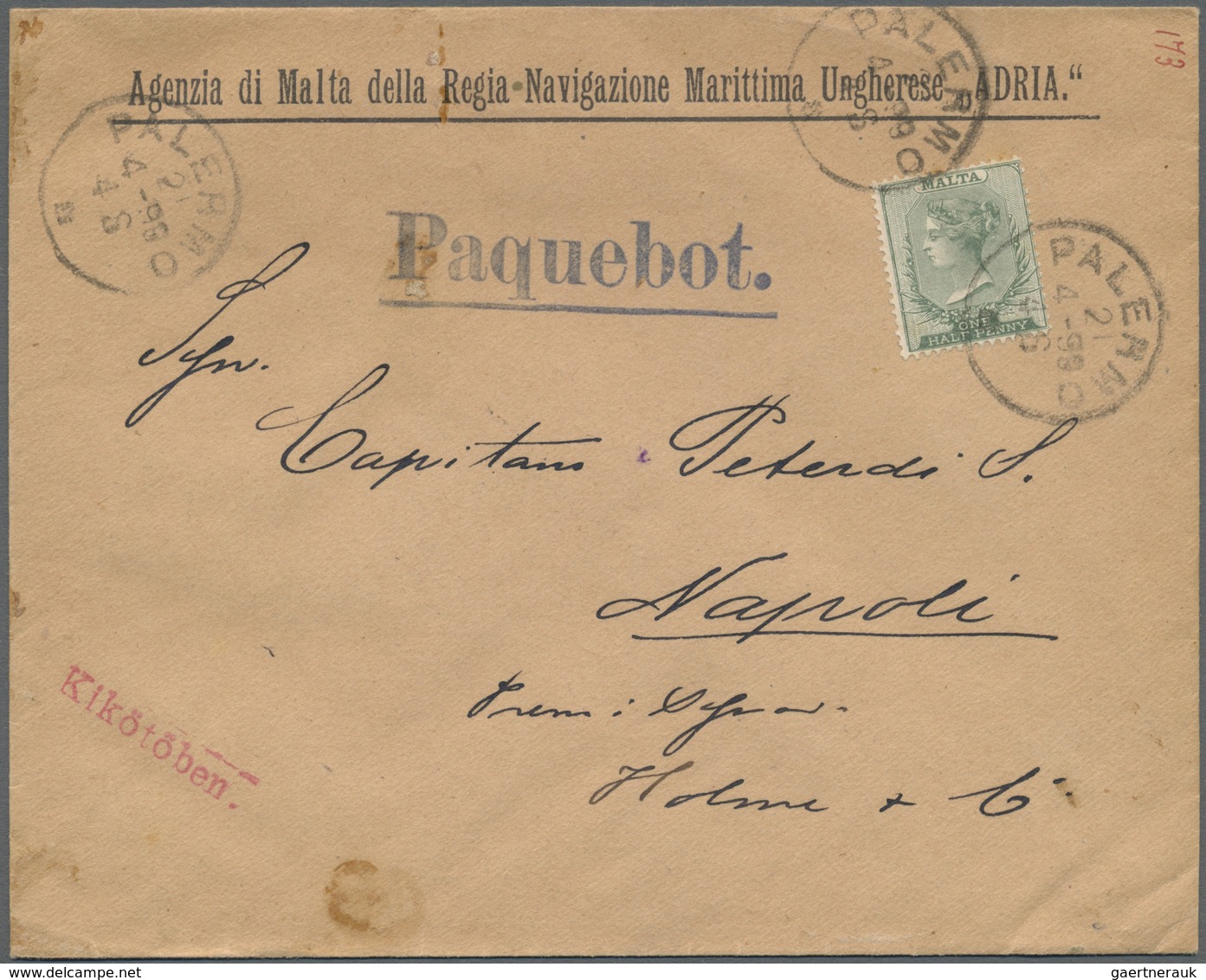 Br Malta: 1899. Envelope To Napoli Headed 'Agenzia Di Malta Della Regia Navigazione Marittima Ungherese - Malta