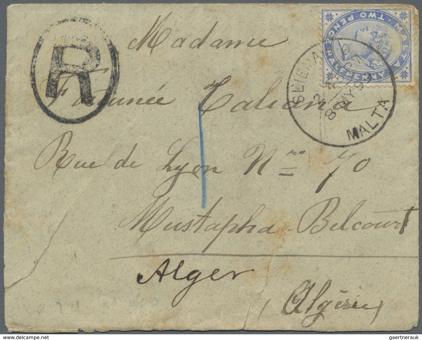 Br Malta: 1899. Registered Envelope (faults,tears) Addressed To Algeria, North Africa Bearing SG 22, 1d - Malta