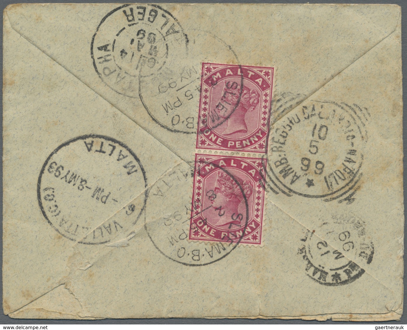 Br Malta: 1899. Registered Envelope (faults,tears) Addressed To Algeria, North Africa Bearing SG 22, 1d - Malte