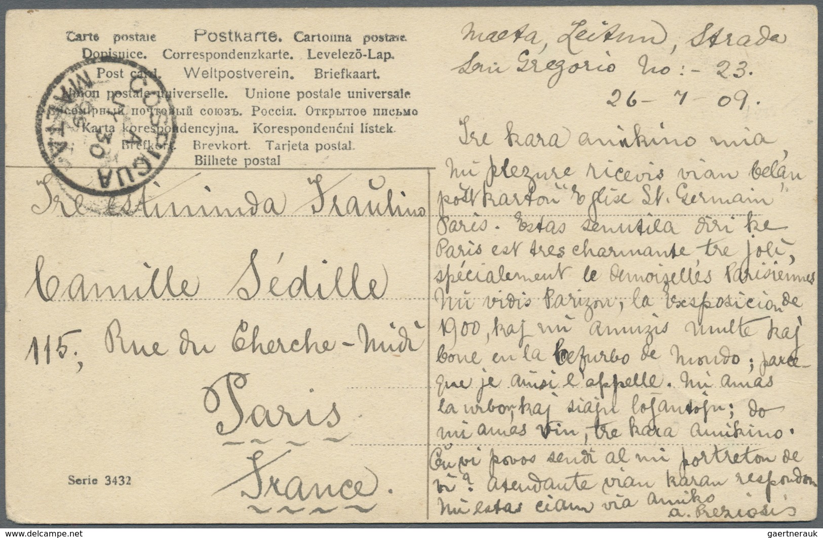 Br Malta: 1909. Picture Post Card Of 'Beautiful Lady' Addressed To Paris Bearing SG 49, 1d Carmine Tied - Malte