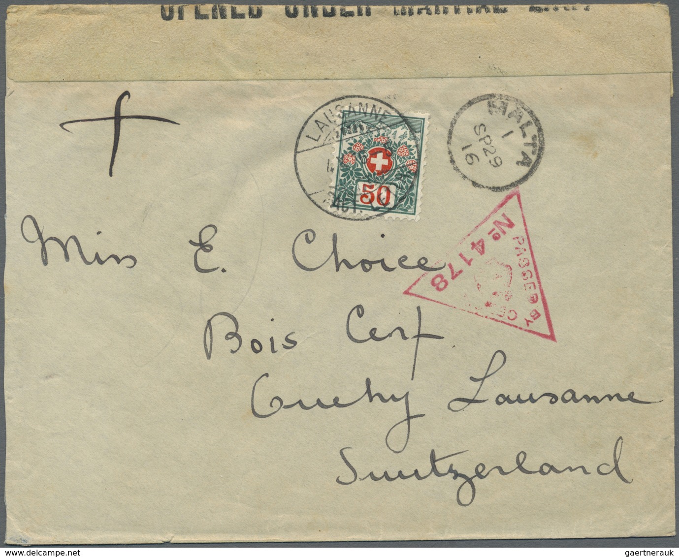 Br Malta: 1916. Unstamped Censored Envelope Addressed To Switzerland Cancelled By Malta Cds With 'Passe - Malte