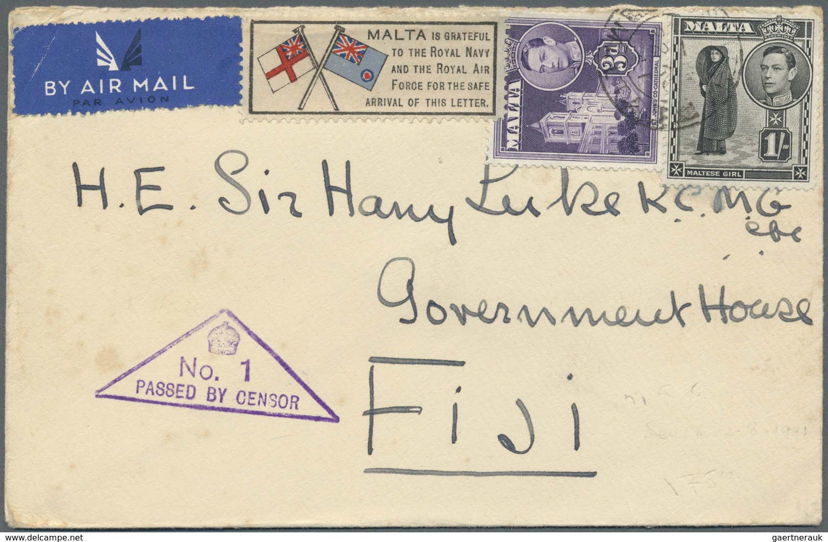 Br Malta: 1941. Air Mail Envelope Addressed To 'Sir Harry Luke, Government House, Fiji' Bearing Malta S - Malta