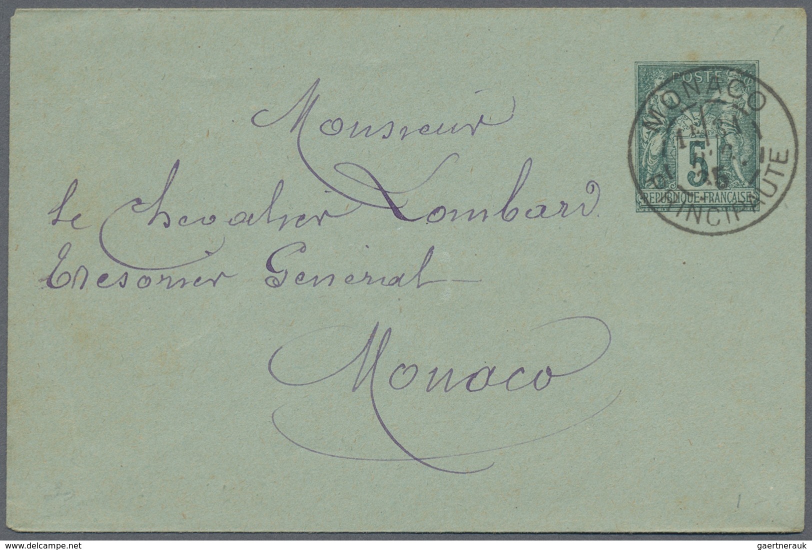 GA Monaco - Vorläufer: 1885, France: 5 C Green Sage Postal Stationery Envelope, Local Usage As Forerunn - ...-1885 Voorlopers