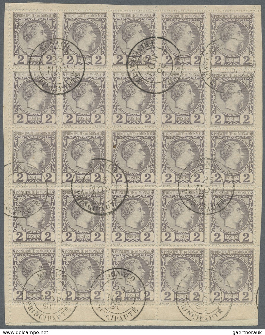 Brfst Monaco: 1885, 2 C Lilac In Block Of 25 Cancelled On Piece, All Sides With Margins, Scarce - Ongebruikt