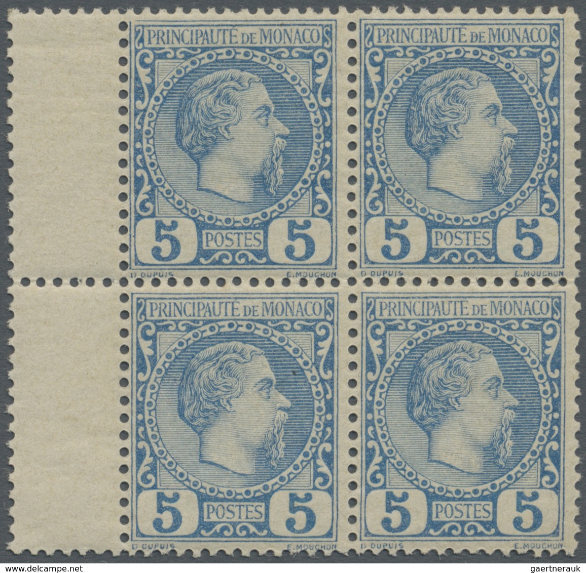 ** Monaco: 1885, 5 C Blue In Block Of Four With Gutter Left, Mint Never Hinged - Neufs