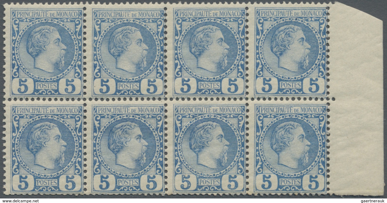 */** Monaco: 1885, 5 C Blue Block Of Eight Unused, Partially With Small Gum Failure, Mi 560.- ++ - Neufs