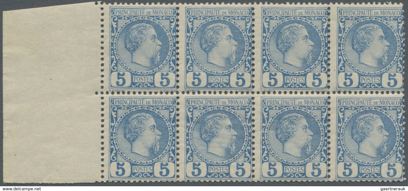 * Monaco: 1885, 5 C Blue Block Of Eight Unused, Partially With Small Gum Failure, Mi 560.- ++ - Neufs