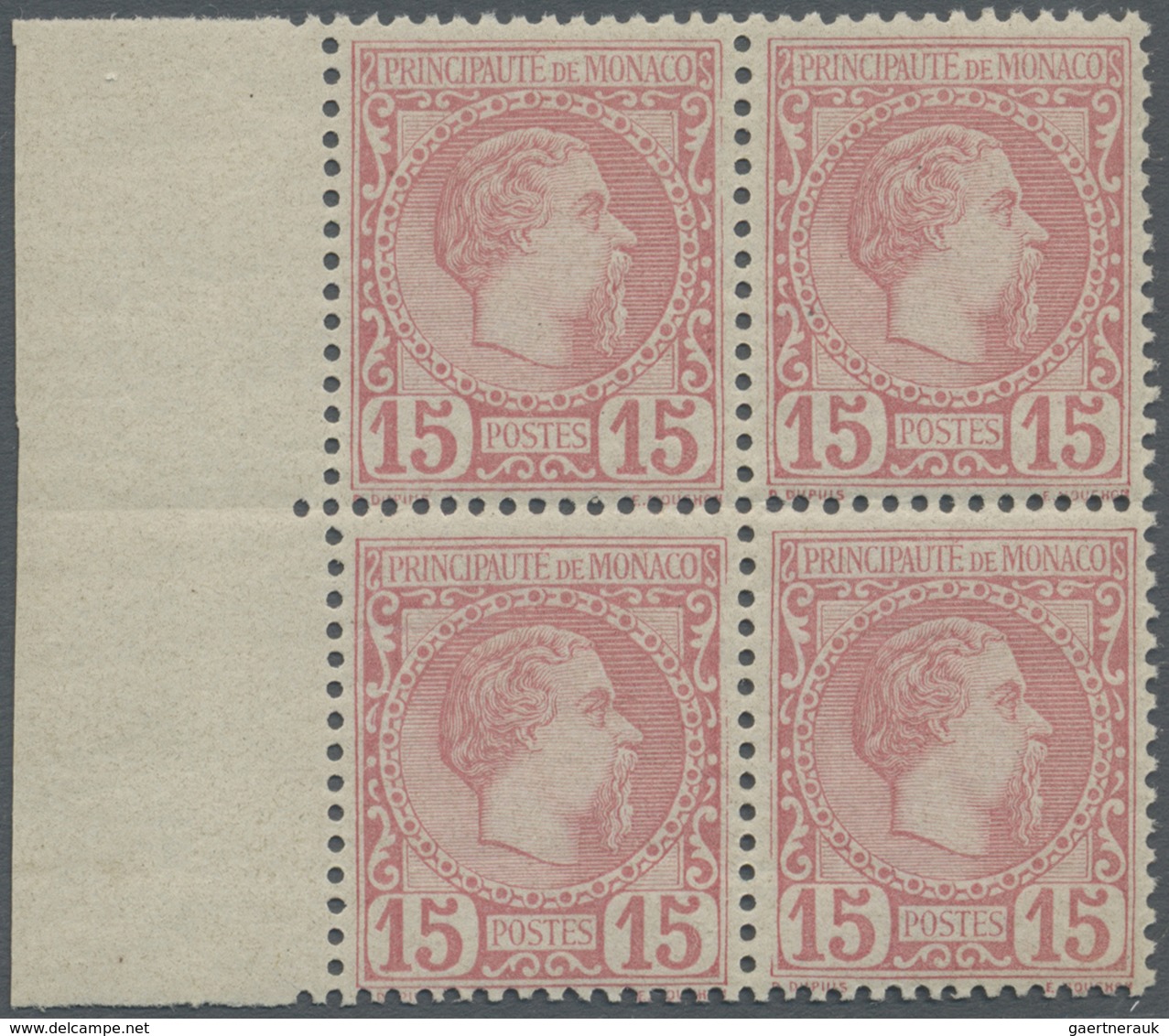 ** Monaco: 1885, 15 C Rose In Block Of Four With Left Margin, Mint Never Hinged, Mi. Ca. 2.800.- - Neufs