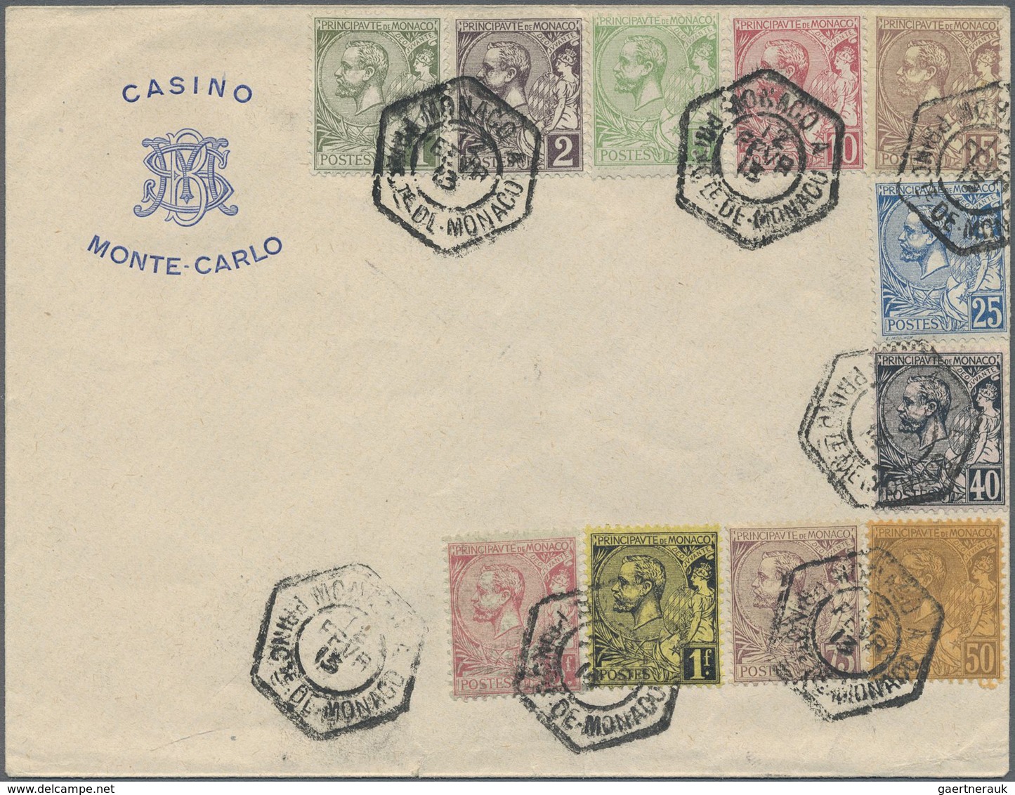 Br Monaco: 1891, 1 C Oliv To 5 Fr Carmine Cancelled 1913 Complete On Envelope "Casino Monte-Carlo" - Neufs