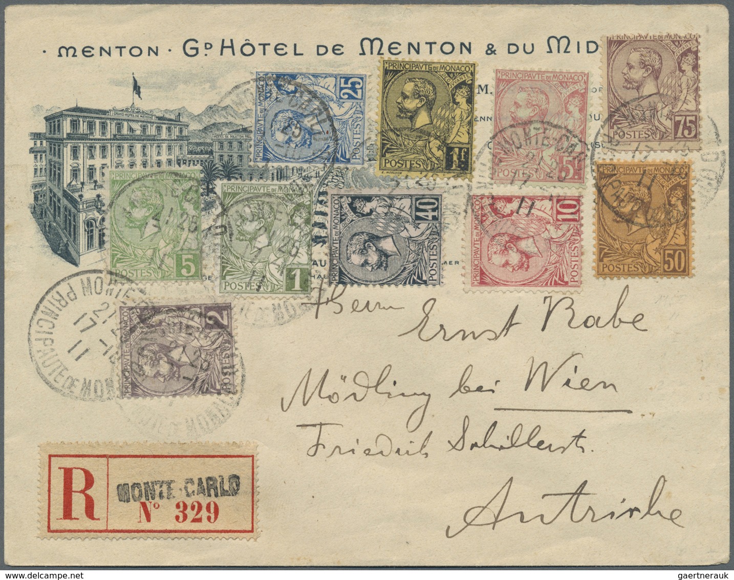 Br Monaco: 1891/1901, Albert I., 1c. To 5fr., Attractive Franking Of Ten Values On Registered Hotel Cov - Neufs