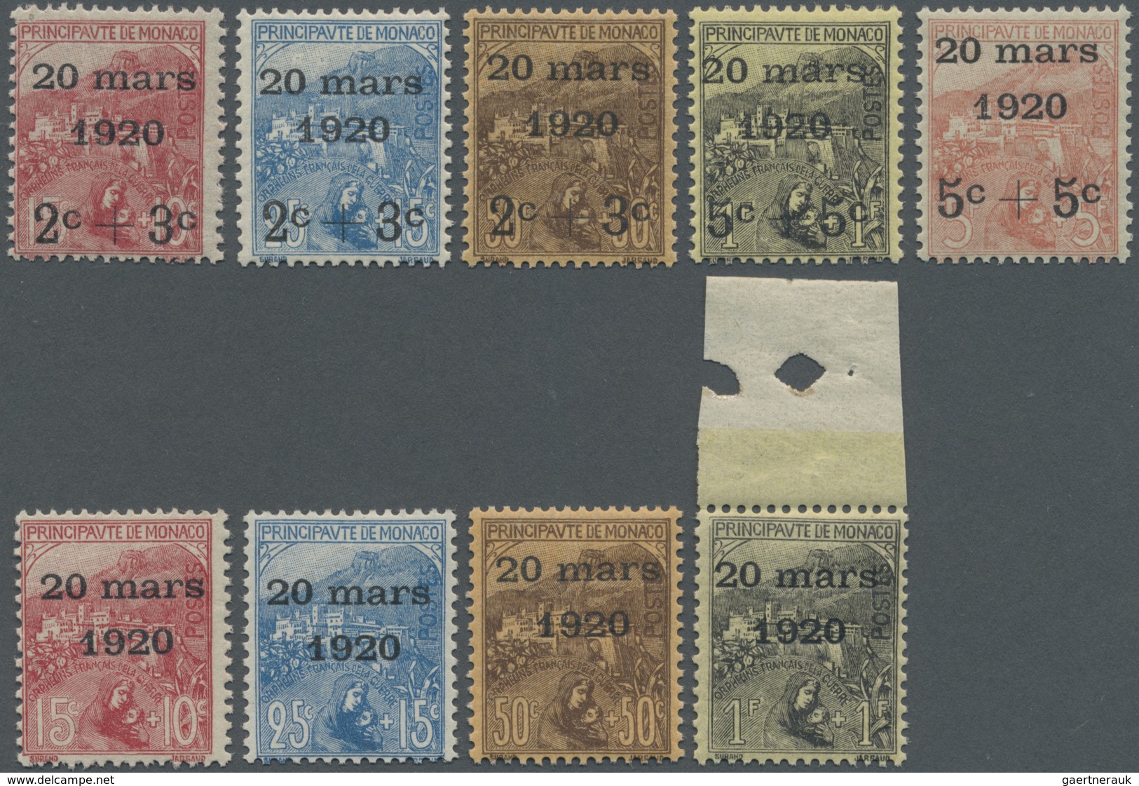 ** Monaco: 1920, 2C+3C To 5C+5C Overprint And 15C To 1Fr Complete (without 5Fr+5Fr), Mint Never Hinged - Neufs