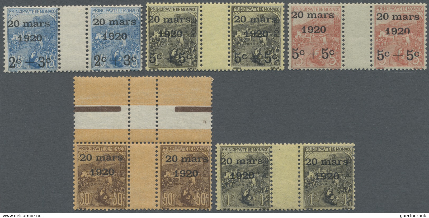 ** Monaco: 1920, Five Gutter Pairs Ex Michel-No. 34/43 (wedding), Mint Never Hinged - Ongebruikt