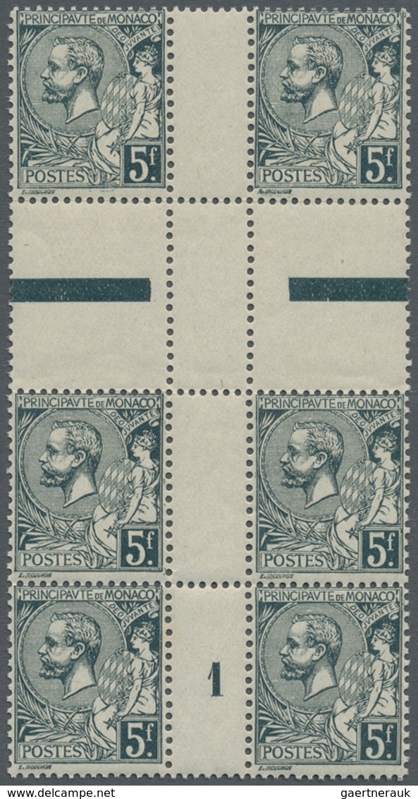 ** Monaco: 1921, 5 Fr Dark Green Center Piece In Block Of Six, Fold In The Upper Perforation, Mint Neve - Ongebruikt