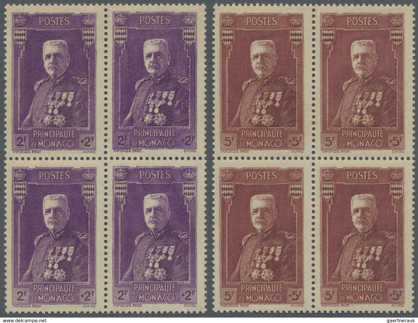 ** Monaco: 1937, 50 C+50 C To 5 Fr+5 Fr Complete In Block Of Four, Mint Never Hinged, Mi 880.- - Neufs