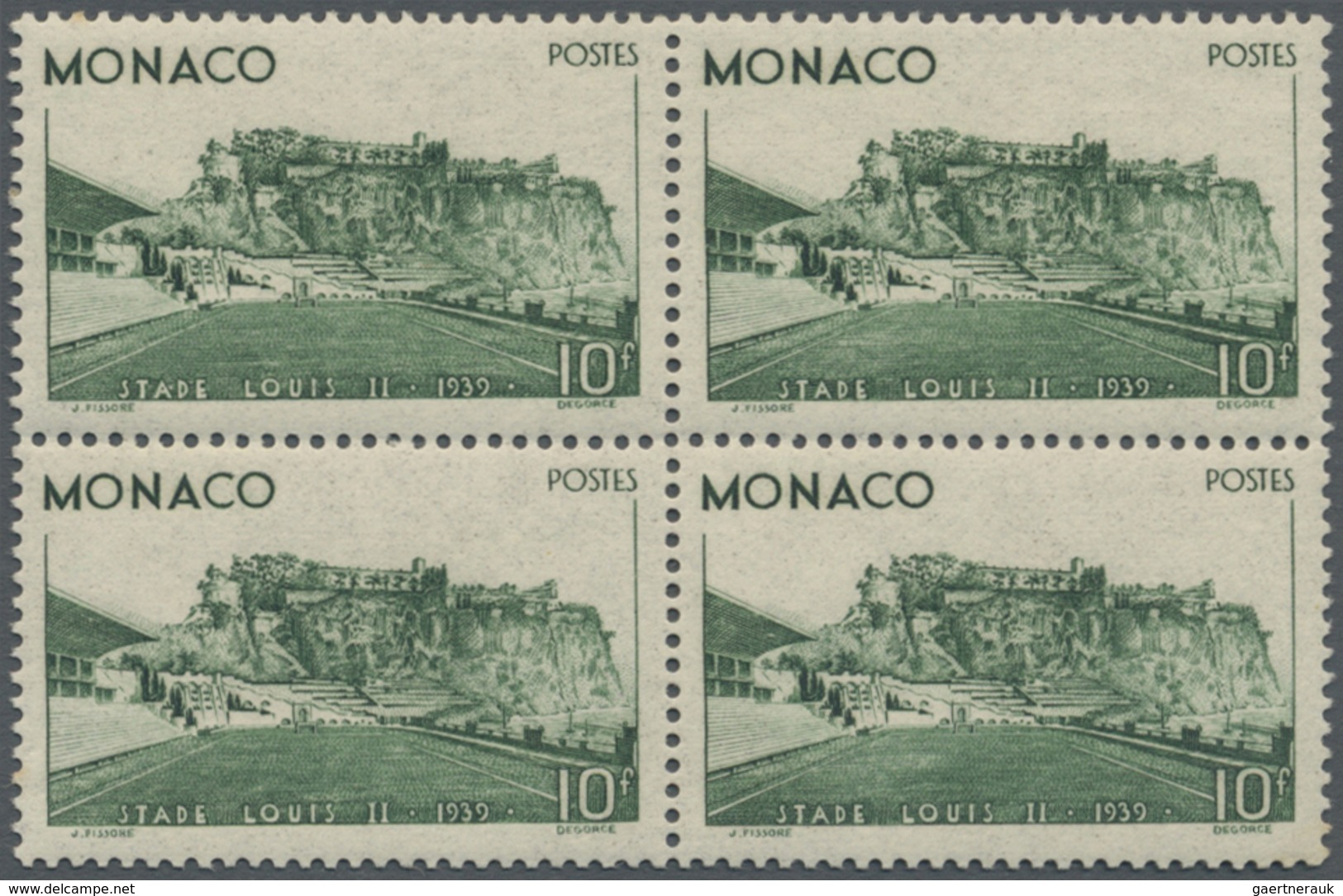 ** Monaco: 1939, 10 Fr Dark Green In Block Of Four Mint Never Hinged - Neufs