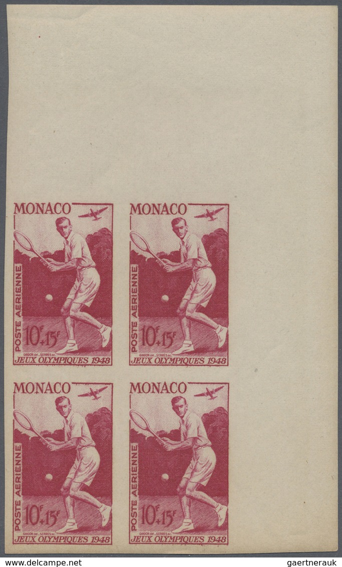 ** Monaco: 1948, 10 Fr. + 15 Fr. Rotlila Als Postfrischer, Ungezähnter 4-er Block. - Neufs