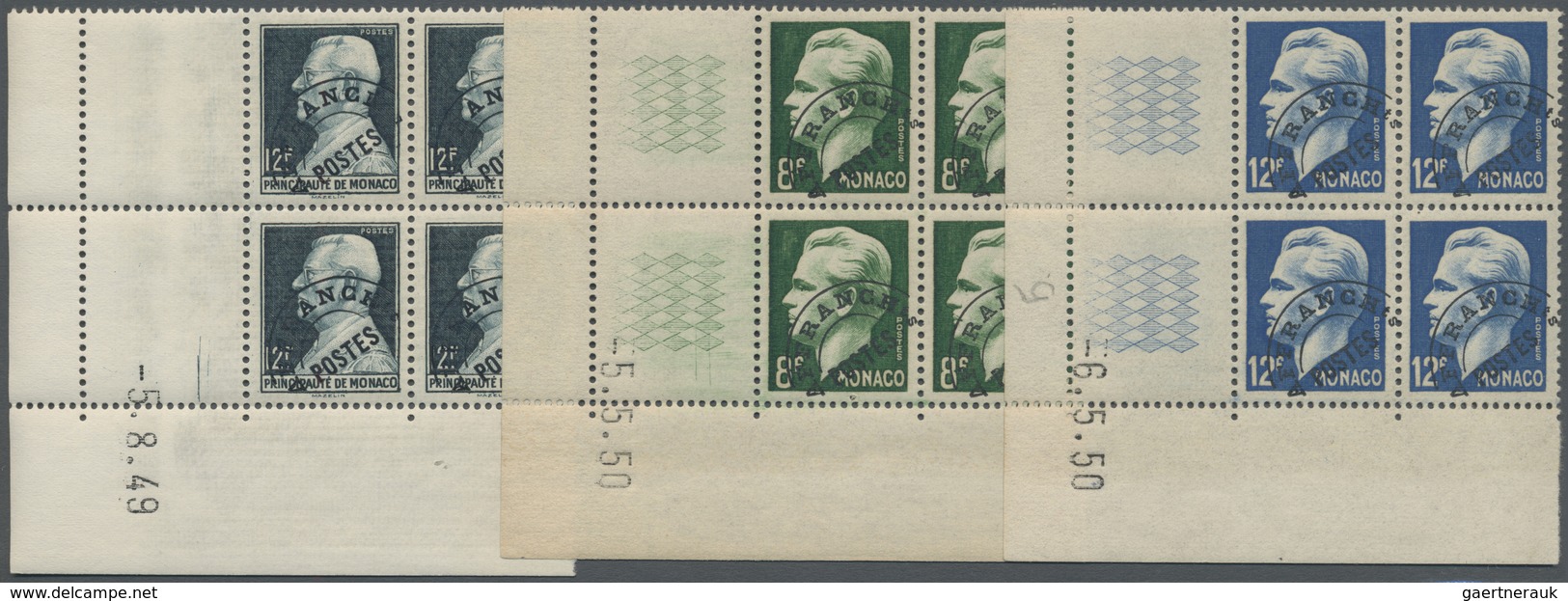 ** Monaco: 1949/1950, Five Stamps With Advance Cancellation In Blocks Of Four With Print Date On Corner - Ungebraucht